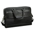 Black leather briefcase with silver zippers and hardware on a white background