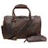 Brown leather duffel bag with shoulder strap on a white background