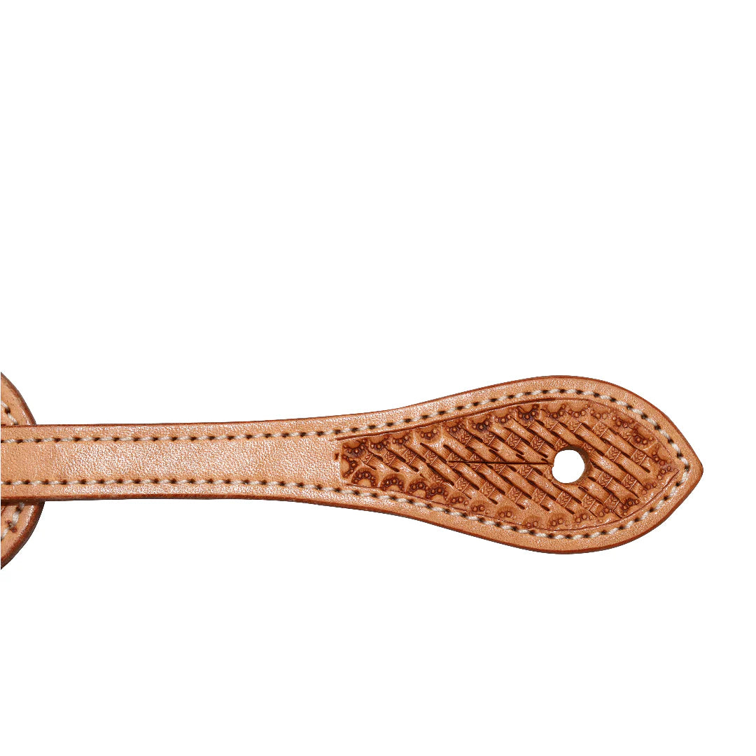 Spur straps feature a basket weave embossing.