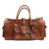 Brown leather duffel bag with gold buckles on a white background