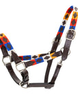 Colorful horse halter with patterned straps