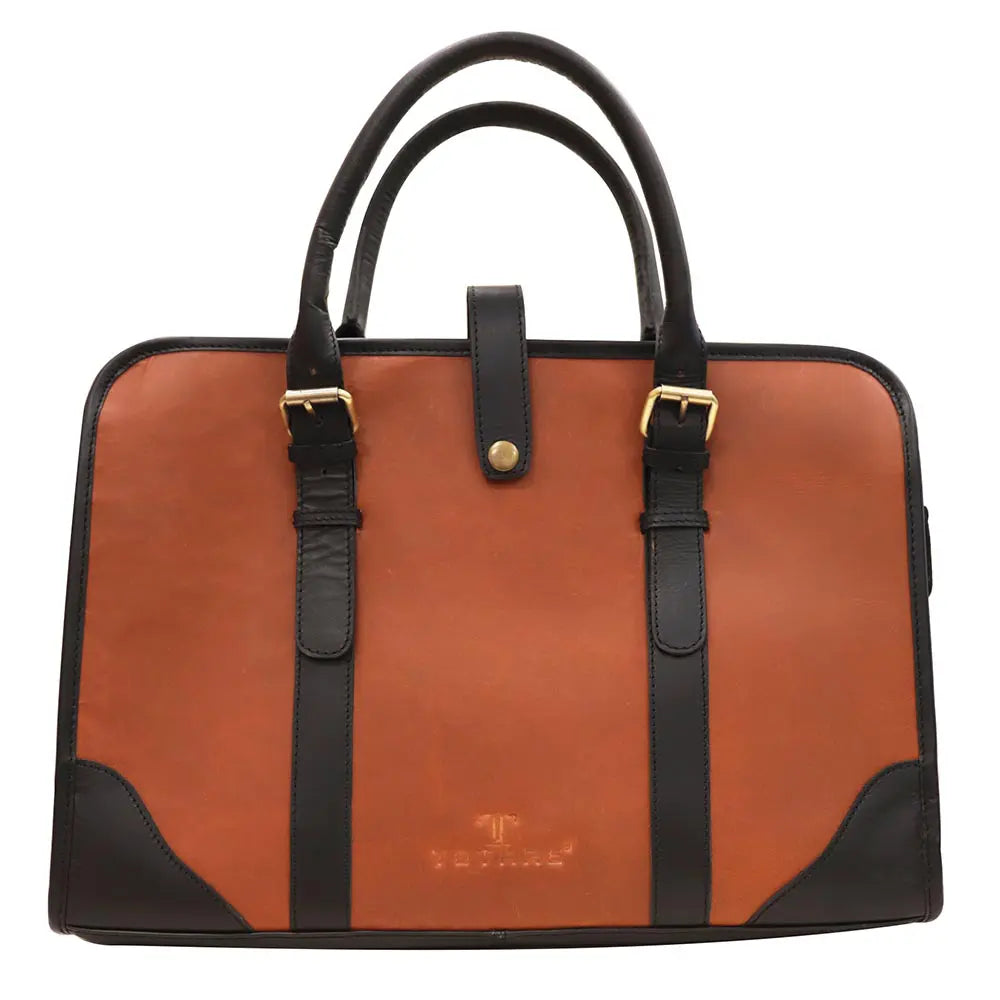 Brown and black handbag with gold accents on a white background