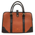 Brown and black handbag with gold accents on a white background