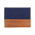 Navy blue and brown wallet on a white background