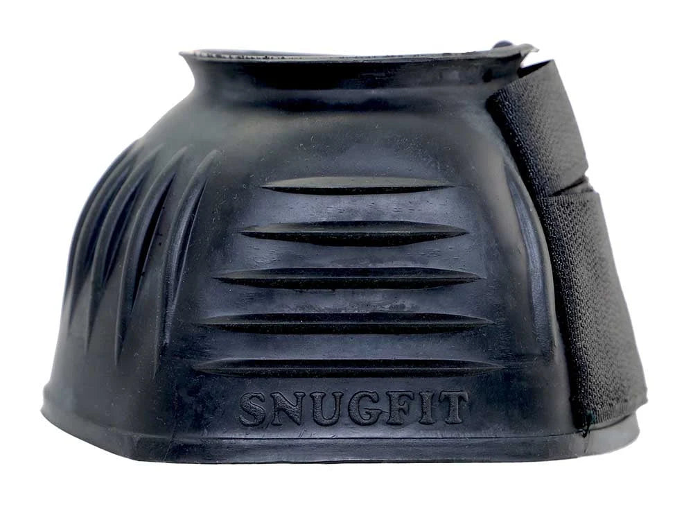Black horse boot with 'Snugfit' branding on a white background