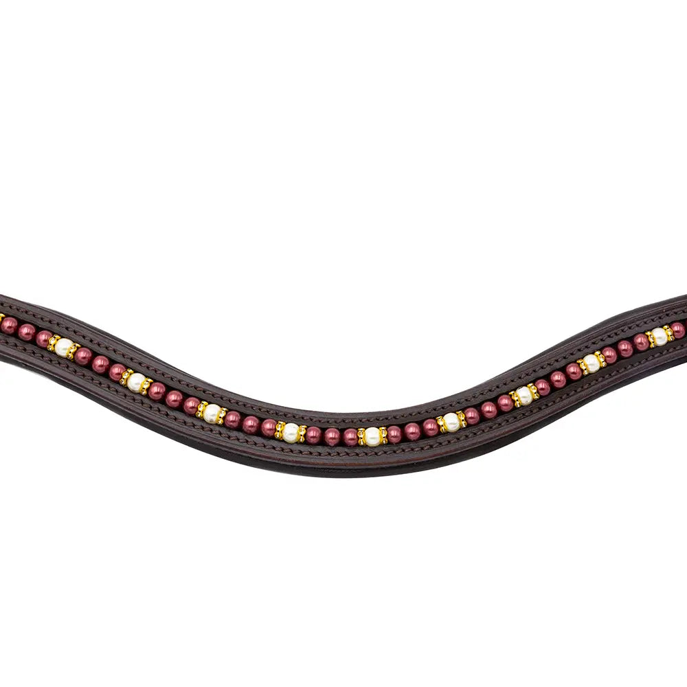 Brown leather browband with red and gold beads on a white background