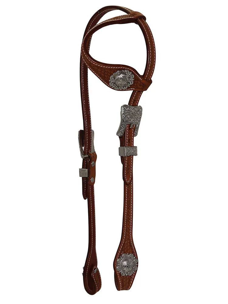 Brown leather horse bridle with silver hardware on a white background