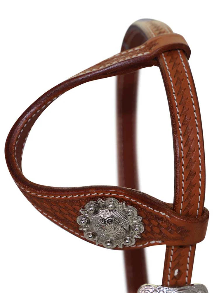 Brown leather horse bridle with a silver concho on a white background