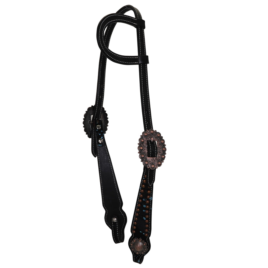 Western Single Ear headstall with brass and blue accents