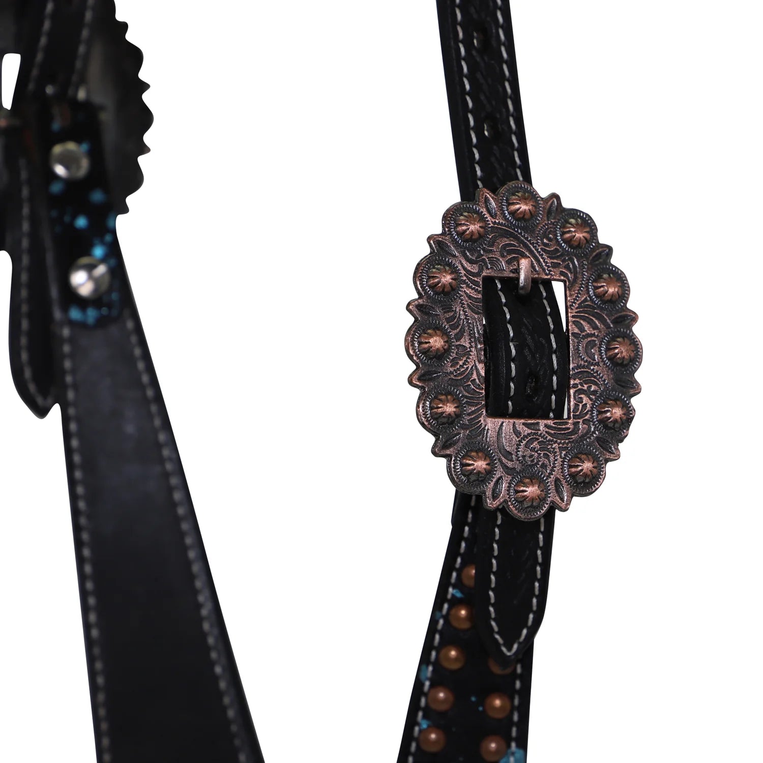 Black leather strap with decorative brown buckle on a white background