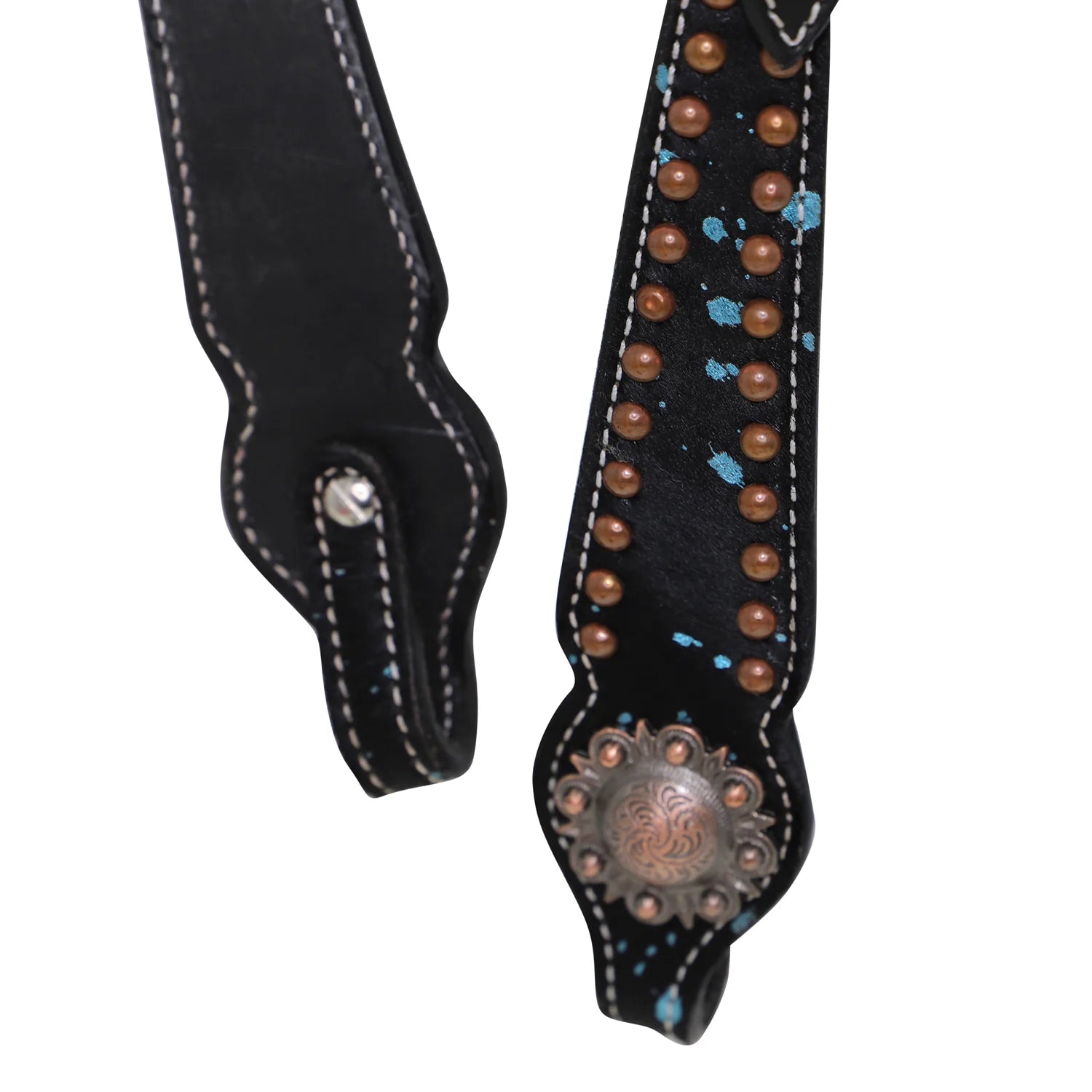 Black leather strap with decorative studs and conchos on a white background
