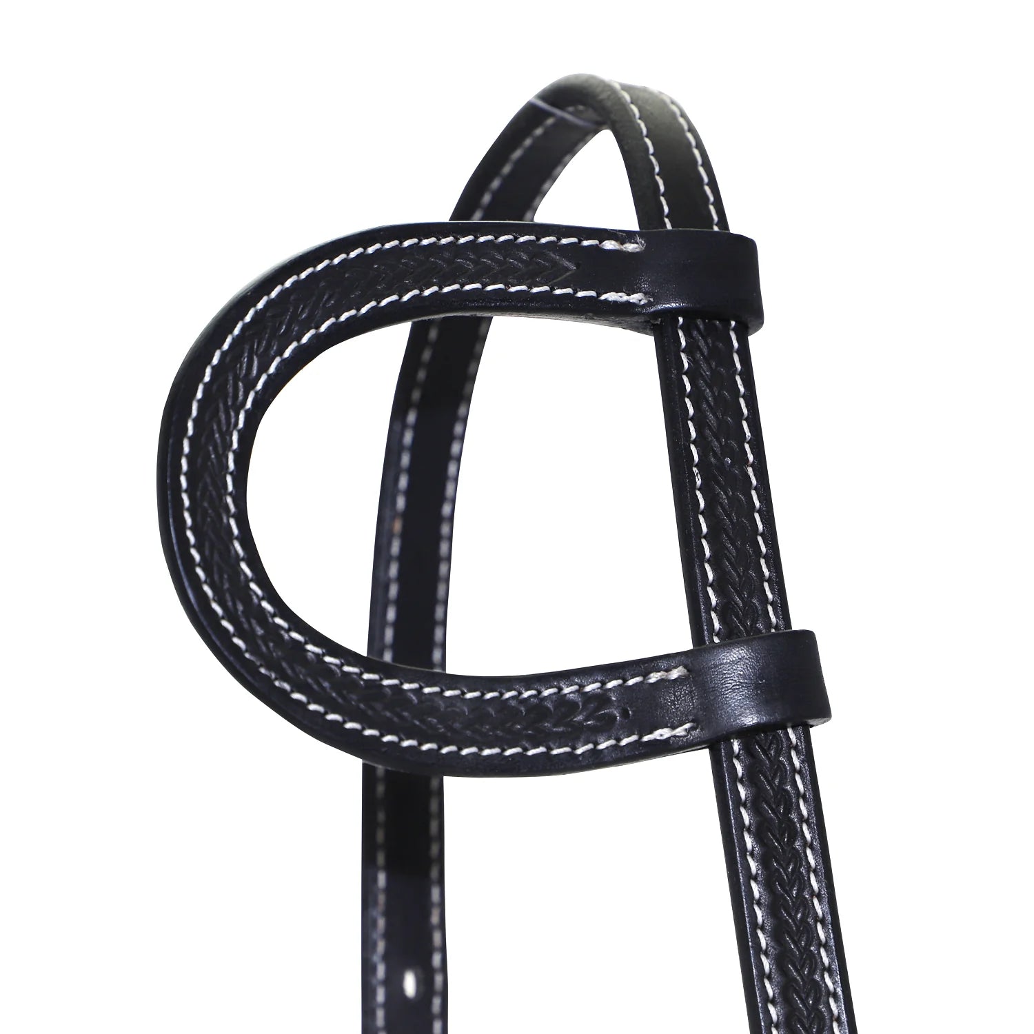 Close-up of a black leather bridle strap with white stitching on a white background