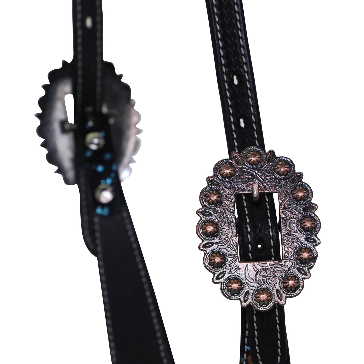 Black leather belt with decorative buckle on a white background