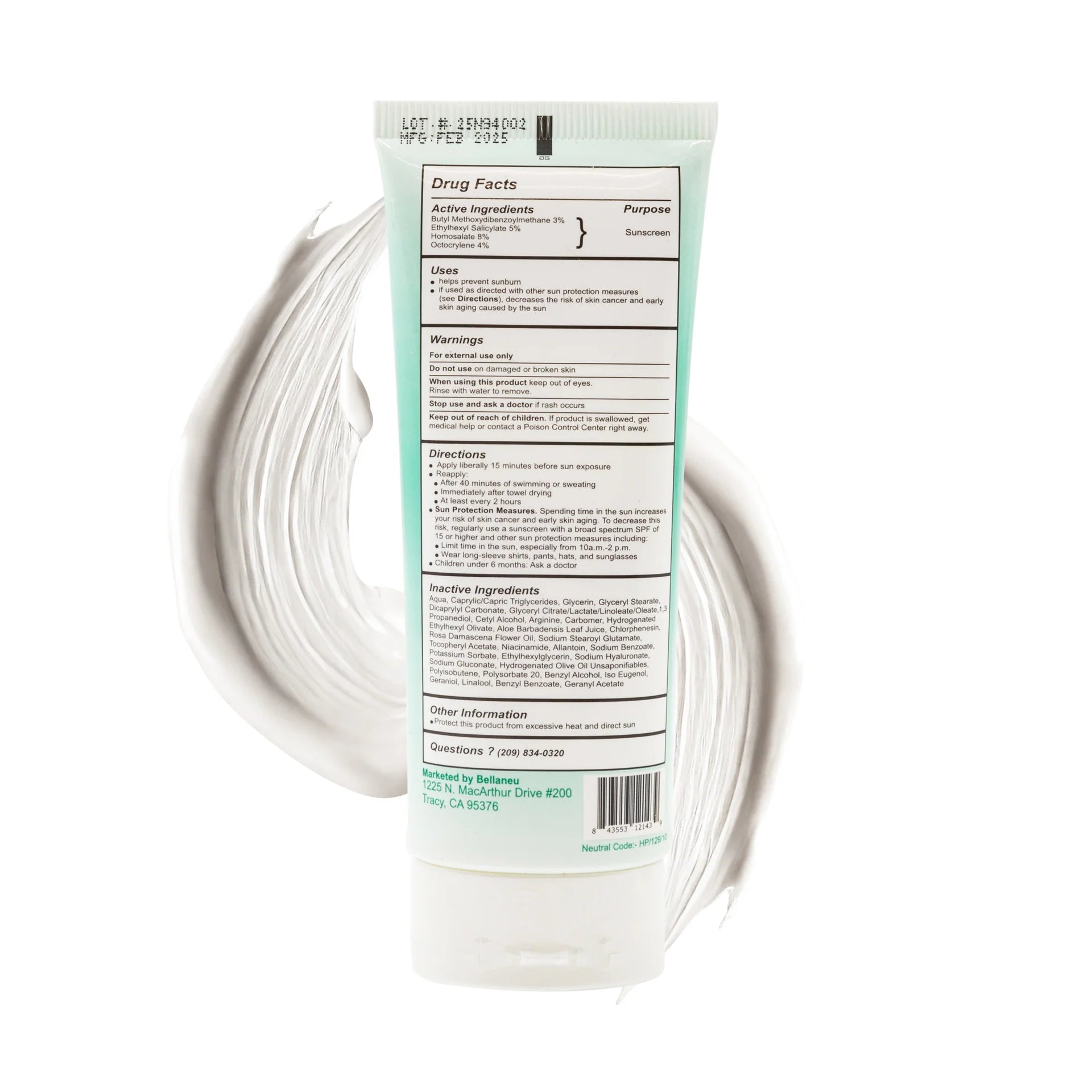 Back drug facts label of Bellaneu sunscreen