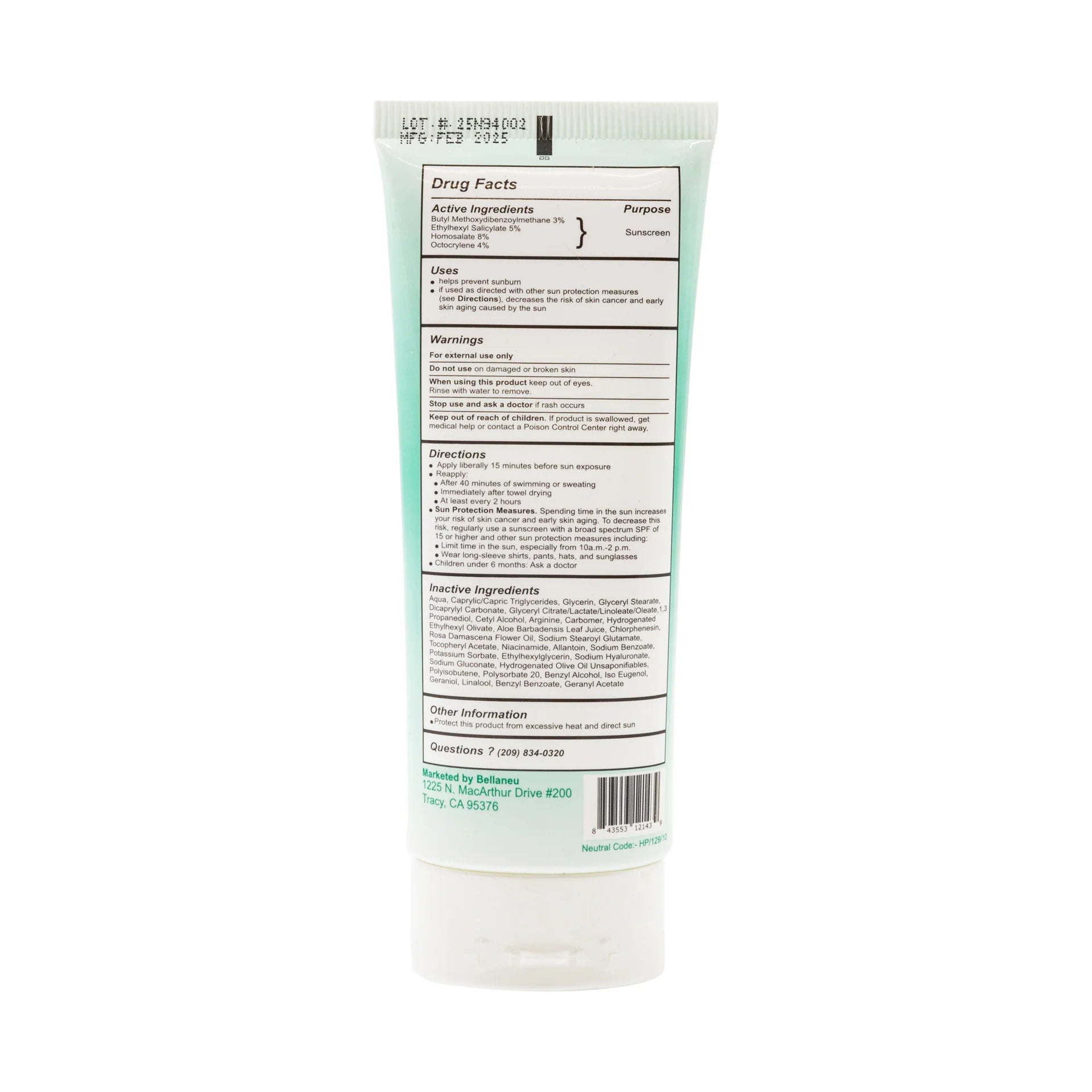 Back drug facts label of Bellaneu sunscreen