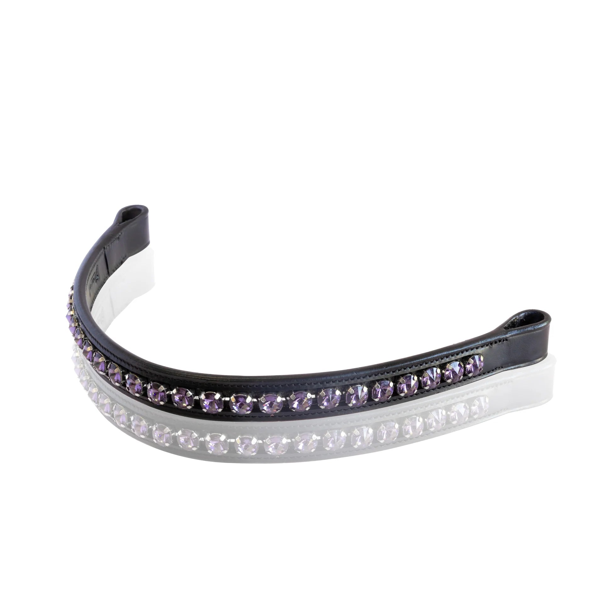 Black headband with purple and clear gemstones on a white background