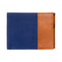 Two-tone blue and brown wallet on a white background