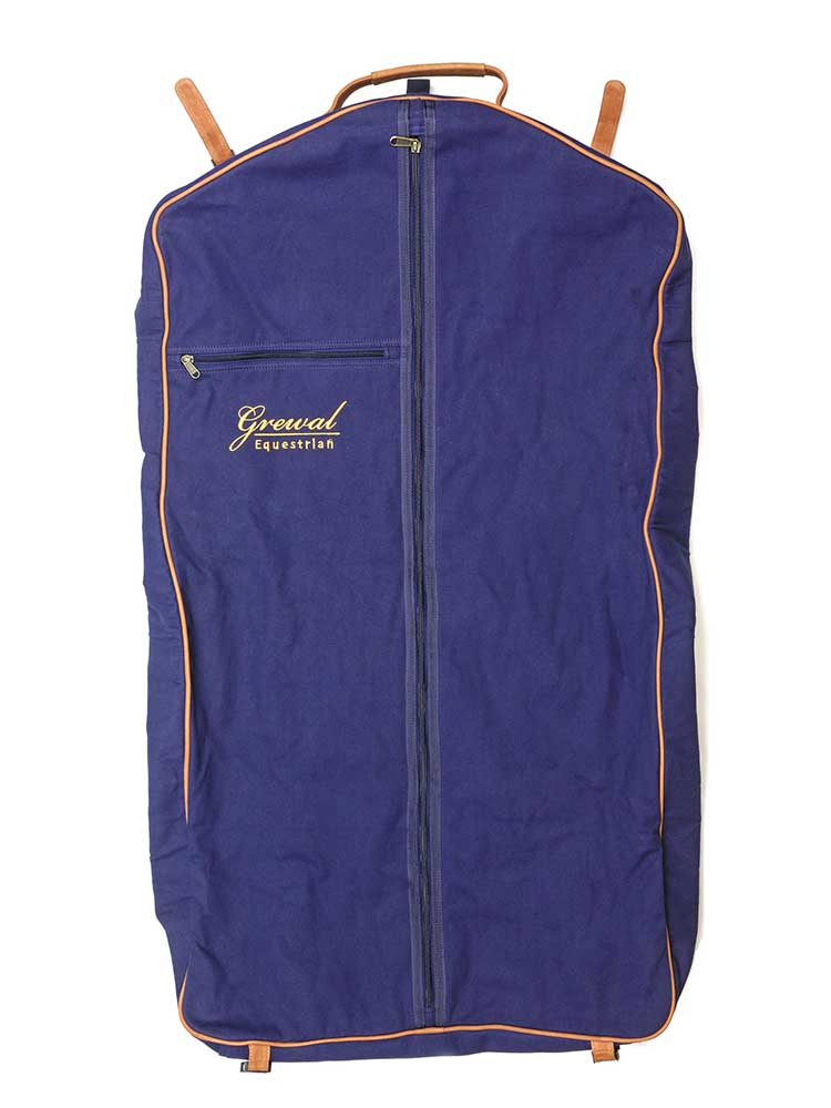 Navy Blue Garment Bag with Leather Trim