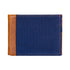 Blue wallet with brown leather accents on a white background